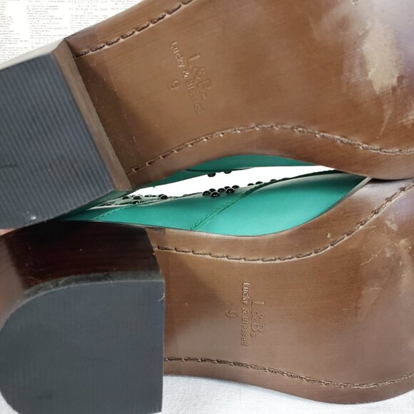 SOLD Lucky & Blessed Turquoise Leather Studded Cutout Western Cowboy Ankle Boots - Picture 11 of 12